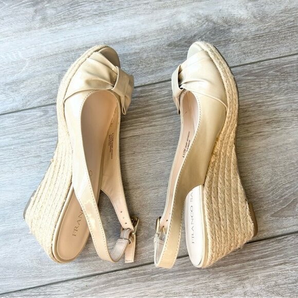 Franco Sarto Beige Vegan Patent Leather Slingback Peep Toe Wedge Esapdrille - Picture 9 of 14